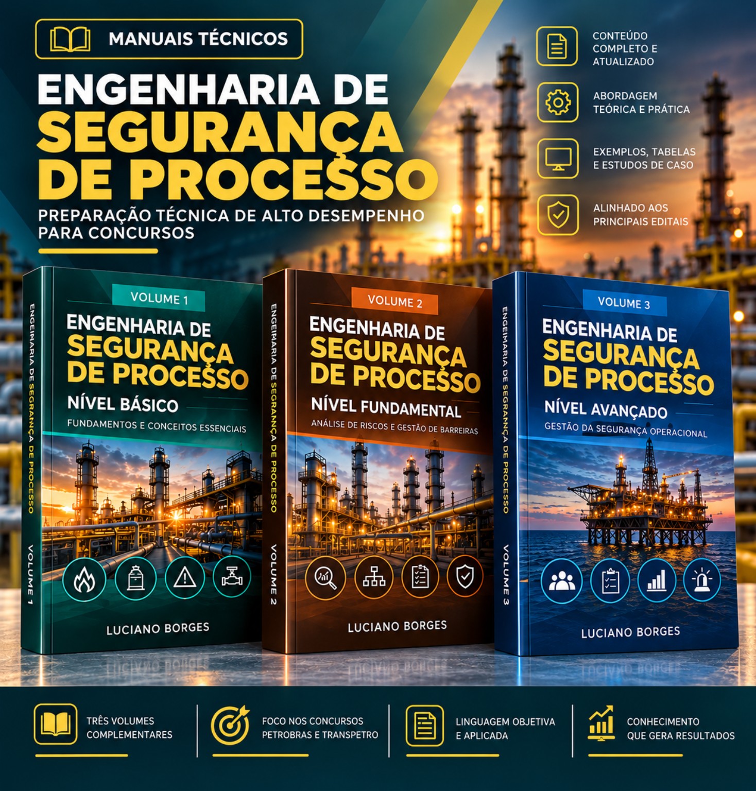 Capas dos três volumes da coleção Engenharia de Segurança de Processo